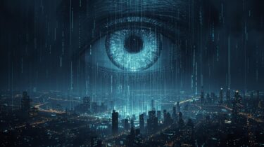 未来都市の夜景の上に浮かぶ巨大なAIの目